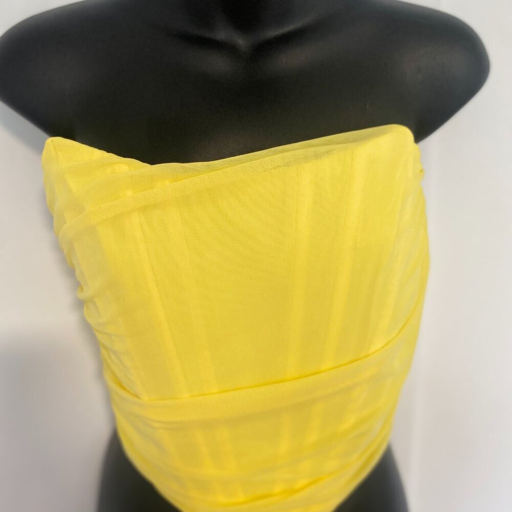 Strapless Yellow Ruched Crop Top - Picture 4 of 11